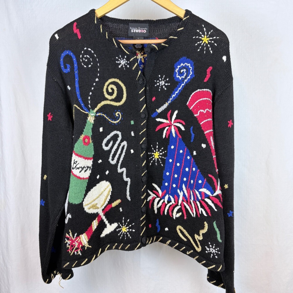 Designers Originals New Years Holidays Party Embroidered Rami Blend Sweater L